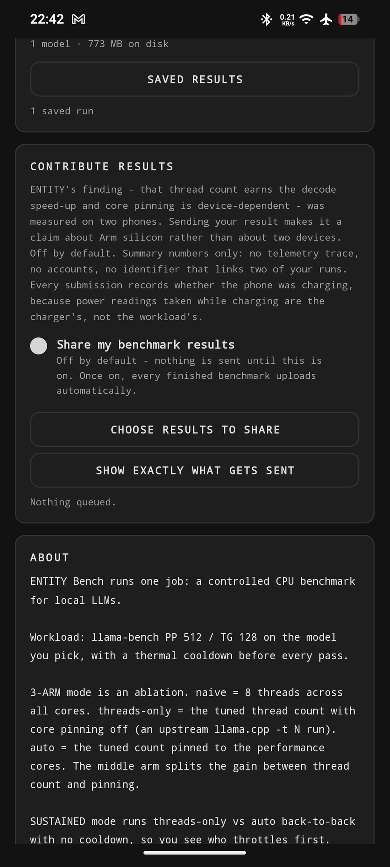 ENTITY Bench contribute screen: sharing off by default, summary numbers only, no accounts, with a Show exactly what gets sent button
